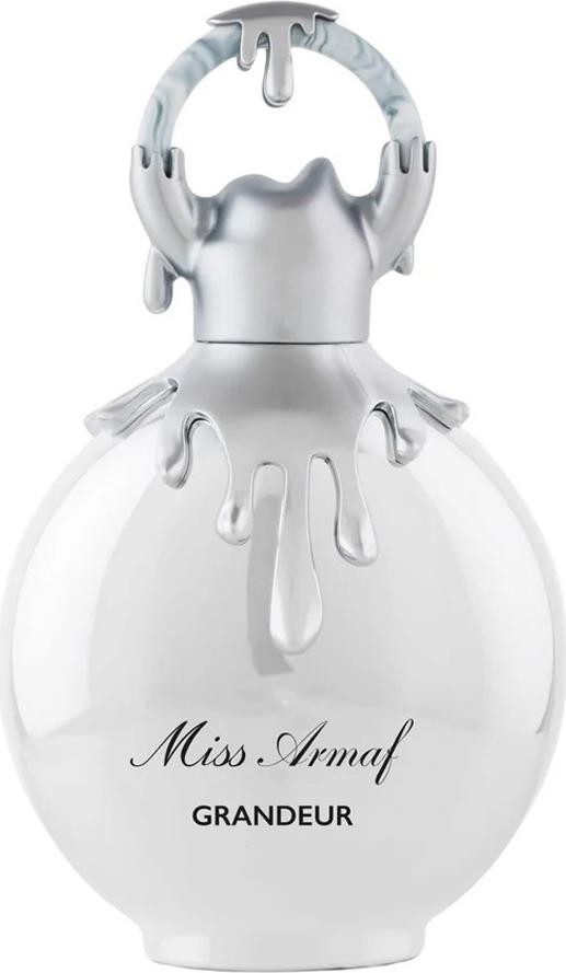Armaf Miss Armaf Grandeur woda perfumowana 100ml w eleganckiej srebrnej butelce - luksusowe perfumy arabskie dla kobiet na białym tle