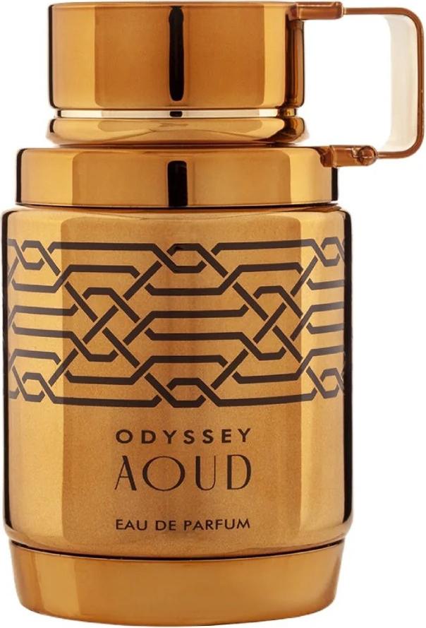 Flakon wody perfumowanej Armaf Odyssey Aoud 60ml w złotym wykończeniu na białym tle - luksusowe perfumy męskie z nutami oud