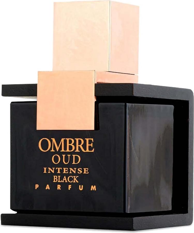 Armaf Ombre Oud Intense Black perfumy 100ml w eleganckiej czarnej butelce ze złotymi akcentami na białym tle - luksusowe unisex