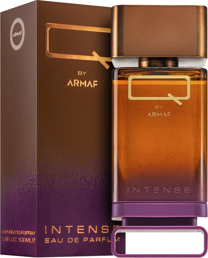 Flacon wody perfumowanej Armaf Q Intense dla mężczyzn 100ml na białym tle z eleganckim opakowaniem marki Armaf w ciemnych kolorach