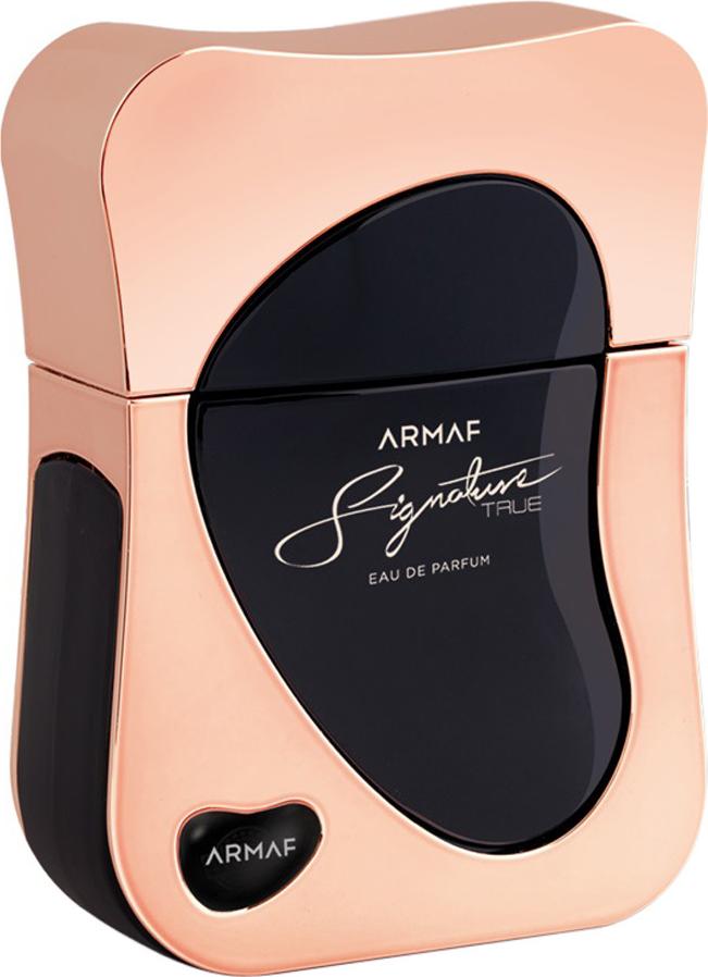 Armaf Signature True woda perfumowana 100ml w luksusowym flakonie różowe złoto i czerń na białym tle - perfumy unisex orientalno-waniliowe