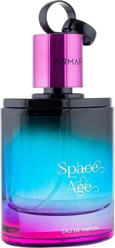 Armaf Space Age woda perfumowana 100ml w futurystycznym flakonie w odcieniach niebieskiego i fioletu na białym tle