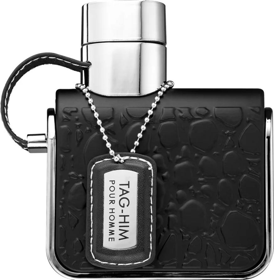 Flacon wody perfumowanej Armaf Tag-Him 100ml dla mężczyzn na białym tle z eleganckim opakowaniem marki Armaf w kolorystyce męskiej