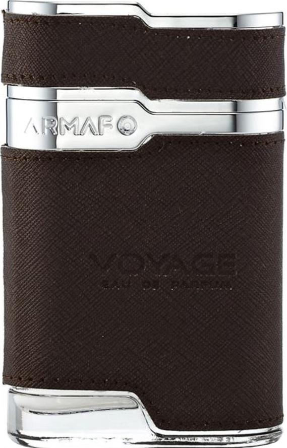 Armaf Voyage Brown woda perfumowana 100ml w eleganckim vintage'owym flakonie imitującym męską piersiówkę na białym tle z opakowaniem