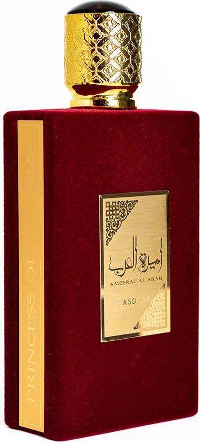 Asdaaf Ameerat Al Arab woda perfumowana 100ml w bordowym flakonie ze złotymi detalami na białym tle - luksusowe perfumy orientalne dla kobiet