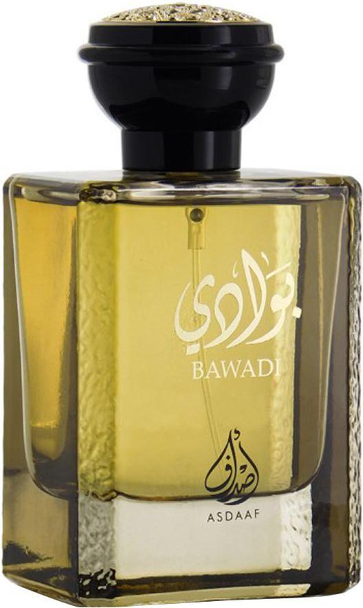 Flacon wody perfumowanej Asdaaf Bawadi 100 ml z orientalnym zapachem dla kobiet na białym tle z eleganckim opakowaniem marki Asdaaf