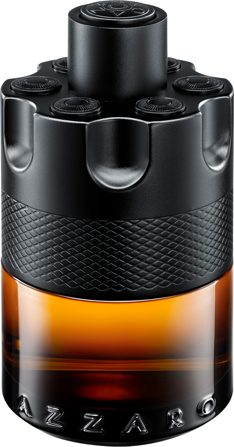 Flacon perfum Azzaro The Most Wanted Parfum 100ml w kształcie rewolweru na białym tle z eleganckim opakowaniem marki Azzaro