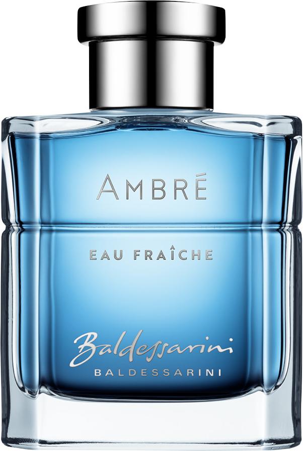 Flacon wody toaletowej Baldessarini Ambré Eau Fraiche 50ml dla mężczyzn na białym tle z eleganckim opakowaniem marki Baldessarini