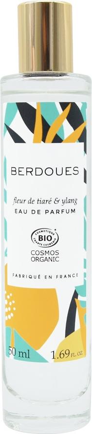 Flacon wody perfumowanej Berdoues Fleur de Tiaré & Ylang 50ml z certyfikatem Cosmos Organic na białym tle z opakowaniem marki Berdoues