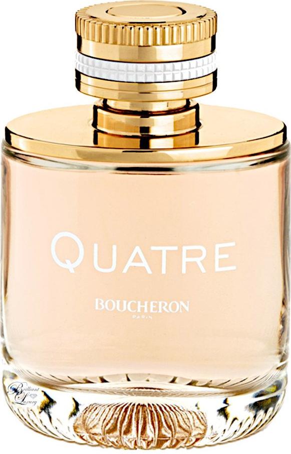 Flacon wody perfumowanej Boucheron Quatre 50ml na białym tle - elegancki szklany pojemnik z logotypem marki Boucheron i złotymi detalami