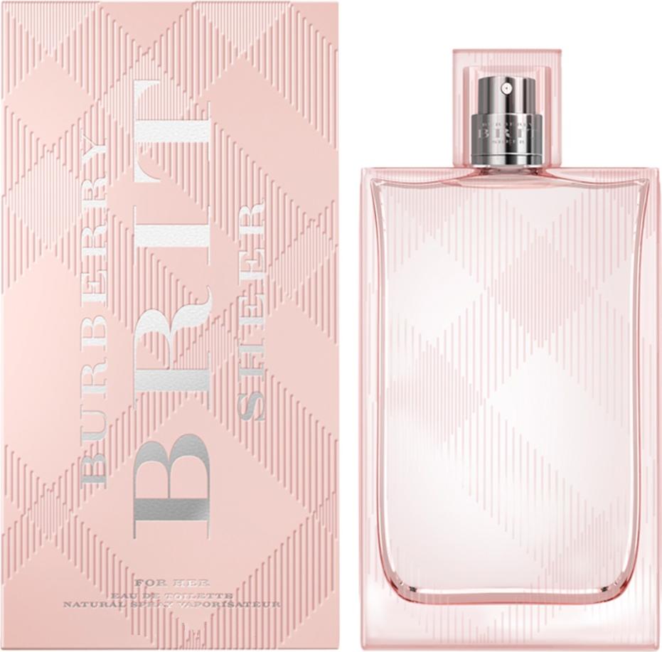 Flacon wody toaletowej Burberry Brit Sheer for Her 100ml z eleganckim opakowaniem marki Burberry na białym tle - perfumy damskie