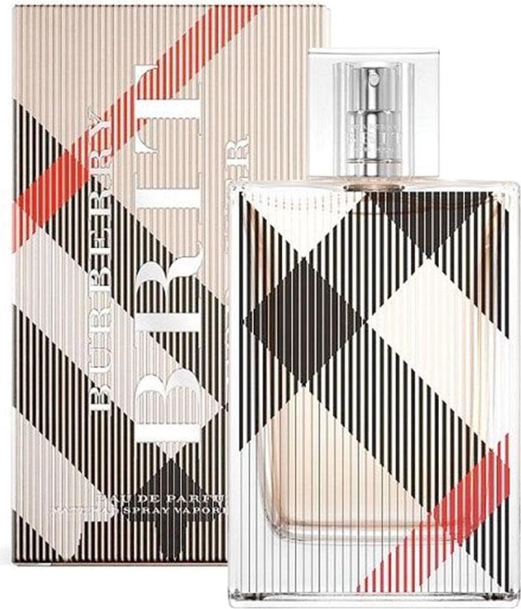 Flacon perfum Burberry Brit for Her woda perfumowana 50ml na białym tle - eleganckie opakowanie brytyjskiej marki premium dla kobiet