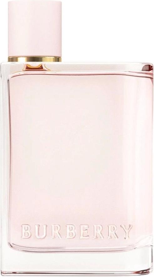 Flacon wody perfumowanej Burberry Her EDP na białym tle z charakterystycznym opakowaniem marki Burberry w eleganckim designie