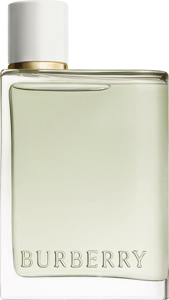 Burberry Her woda toaletowa 100ml w pistacjowym flakonie - owocowo-kwiatowe perfumy dla kobiet z gruszką i truskawką na białym tle