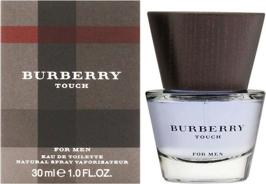 Flacon wody toaletowej Burberry Touch for Men 30ml na białym tle - eleganckie męskie perfumy marki Burberry w charakterystycznym opakowaniu