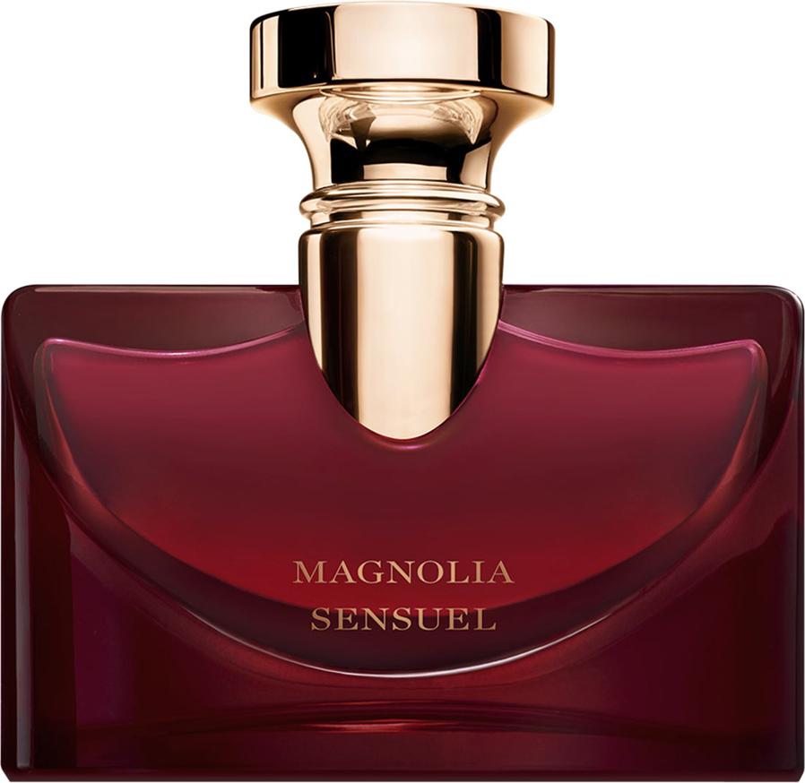 Flacon wody perfumowanej Bvlgari Splendida Magnolia Sensuel 50ml na białym tle z eleganckim opakowaniem marki Bvlgari