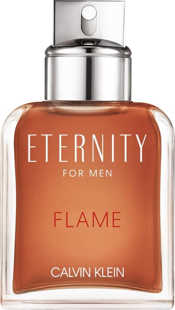 Flacon wody toaletowej Calvin Klein Eternity for Men Flame 100ml z eleganckim opakowaniem na białym tle - męskie perfumy orientalne