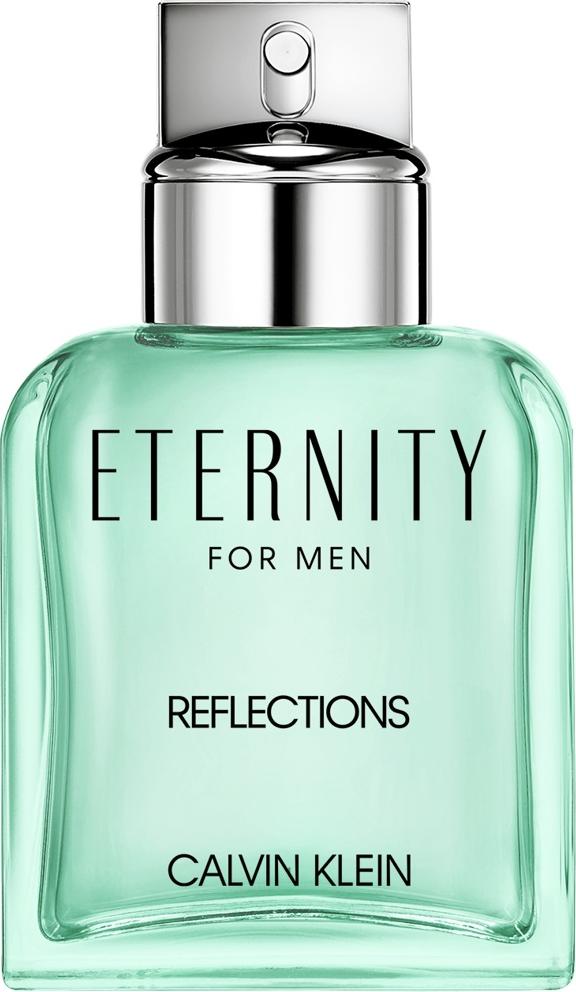 Flakon wody toaletowej Calvin Klein Eternity for Men Reflections 100ml w minimalistycznym opakowaniu na białym tle z logo marki