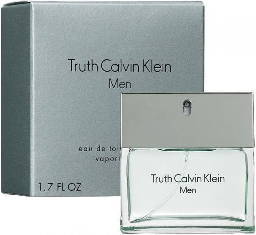 Flacon wody toaletowej Calvin Klein Truth Men 100ml na białym tle - eleganckie perfumy męskie w szklanej butelce z logo CK