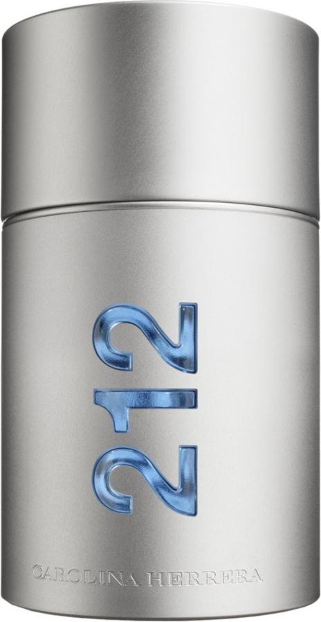 Flacon wody toaletowej Carolina Herrera 212 NYC Men 50ml na białym tle - elegancka butelka męskich perfum z logo marki Carolina Herrera