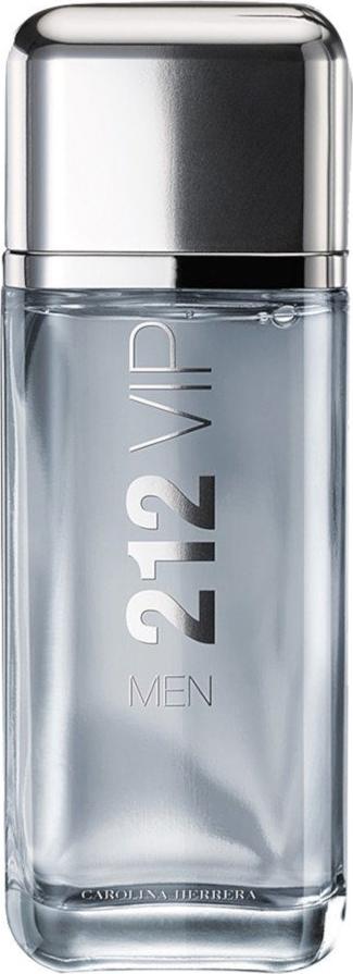 Flacon wody toaletowej Carolina Herrera 212 VIP Men 200ml na białym tle - eleganckie perfumy męskie w szklanych butelce z logo marki