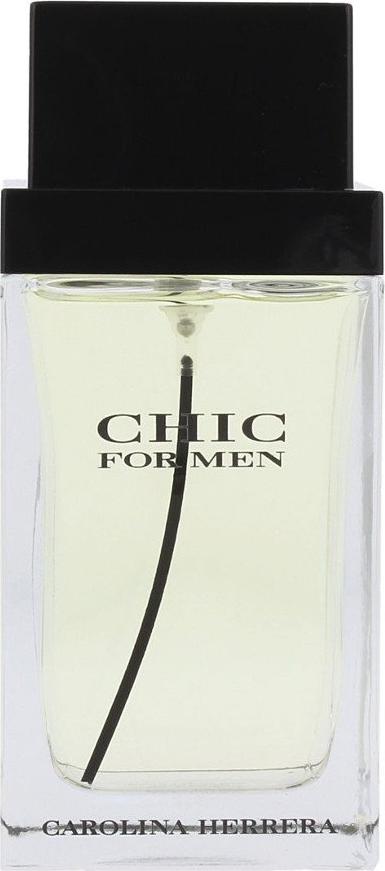 Flacon wody toaletowej Carolina Herrera Chic For Men 100ml w eleganckiej butelce z logo marki na białym tle produktowym