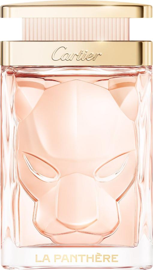 Flacon perfum Cartier La Panthere Eau de Toilette 100ml na białym tle - elegancka butelka wody toaletowej z logo marki Cartier
