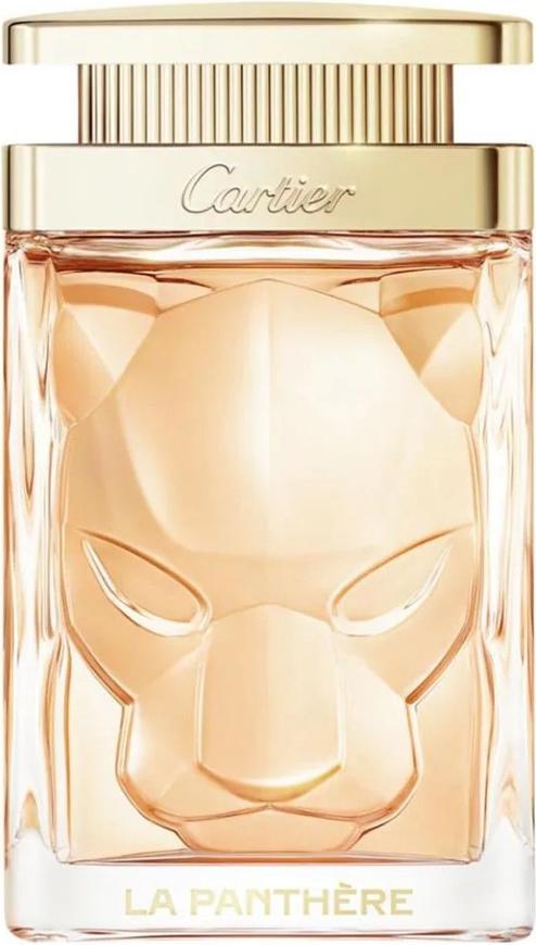 Flacon perfum Cartier La Panthere woda perfumowana 100ml w eleganckim opakowaniu, luksusowe perfumy damskie marki Cartier na białym tle