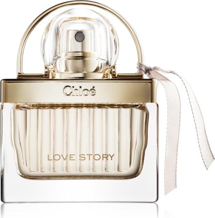 Flacon perfum CHLOÉ Love Story Woda Perfumowana w kształcie kłódki ze złotą wstążką na białym tle - luksusowy zapach dla kobiet