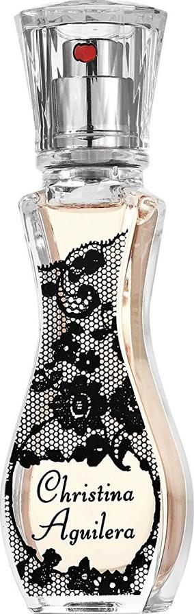 Christina Aguilera woda perfumowana 15ml w eleganckim flakonie w pudrowym różu z koronkowym wzorem na białym tle