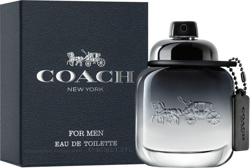 Flacon Coach Men woda toaletowa 40 ml dla mężczyzn na białym tle z eleganckim opakowaniem marki Coach w kolorze srebrnym