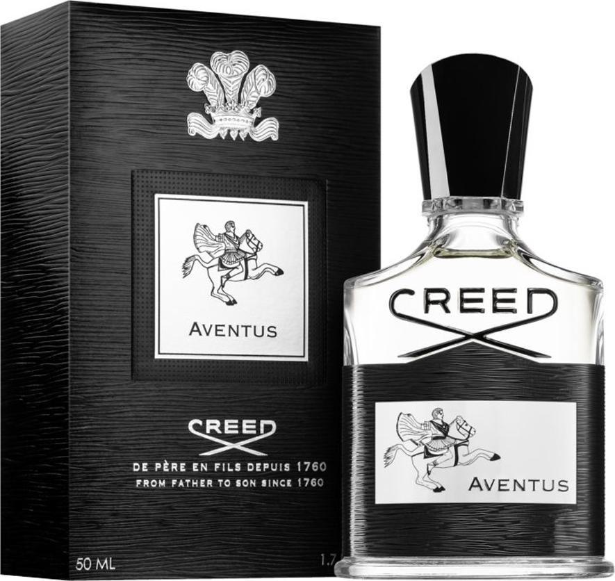 Flacon perfum Creed Aventus woda perfumowana 50ml dla mężczyzn w eleganckim opakowaniu z logo marki Creed na białym tle