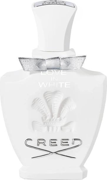 Flacon perfum Creed Love In White woda perfumowana damska 75ml na białym tle z eleganckim opakowaniem marki Creed w kolorze białym