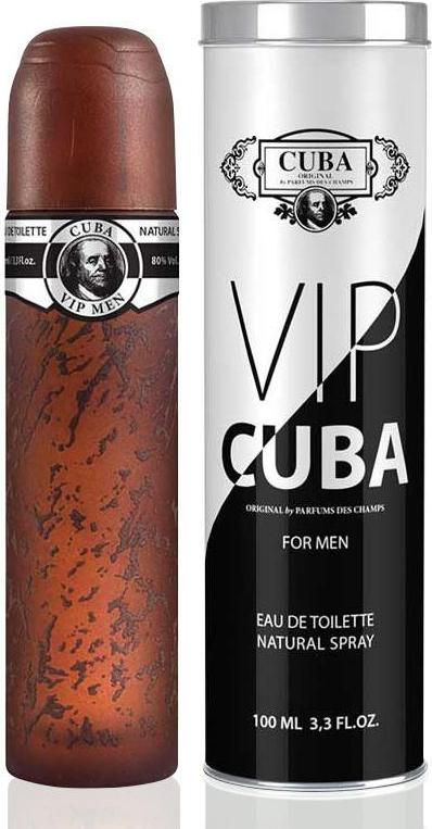 Flacon wody toaletowej Cuba Original VIP dla mężczyzn 100ml w eleganckiej butelce z logo marki Cuba Original na białym tle