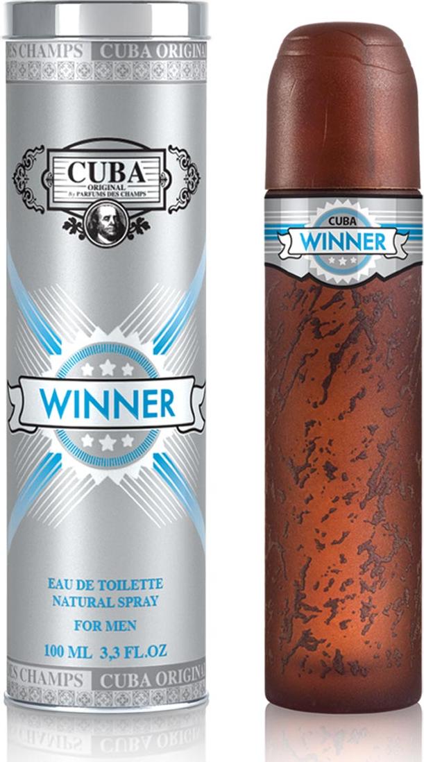 Flacon wody toaletowej Cuba Original Winner dla mężczyzn 35ml w eleganckim opakowaniu z logo marki Cuba Original na białym tle