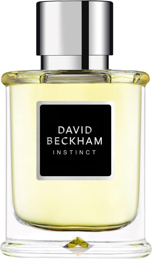 Flacon wody toaletowej David Beckham Instinct 75ml dla mężczyzn na białym tle z eleganckim opakowaniem i logo marki David Beckham