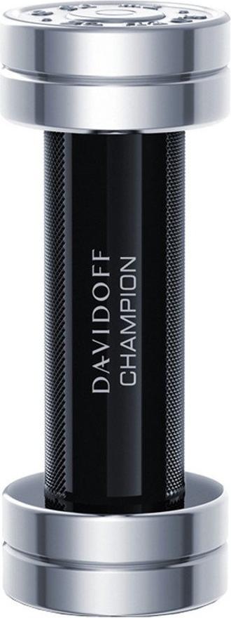 Davidoff Champion woda toaletowa 90ml w sportowym flakonie w kształcie sztangi na białym tle - męskie perfumy dla aktywnych mężczyzn
