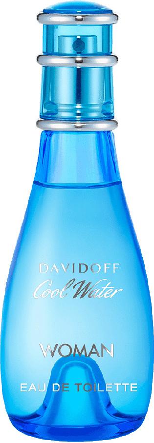 Flacon perfum Davidoff Cool Water Woman woda toaletowa 50ml z niebieskim opakowaniem na białym tle - kultowy zapach dla kobiet