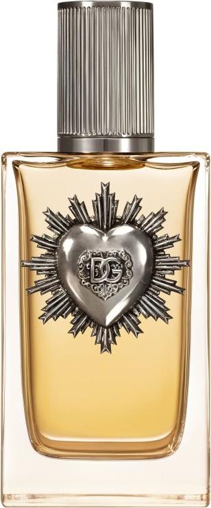 Flakon wody perfumowanej DOLCE & GABBANA Devotion For Men ze srebrnym sercem, eleganckie męskie perfumy drzewno-korzenne na białym tle