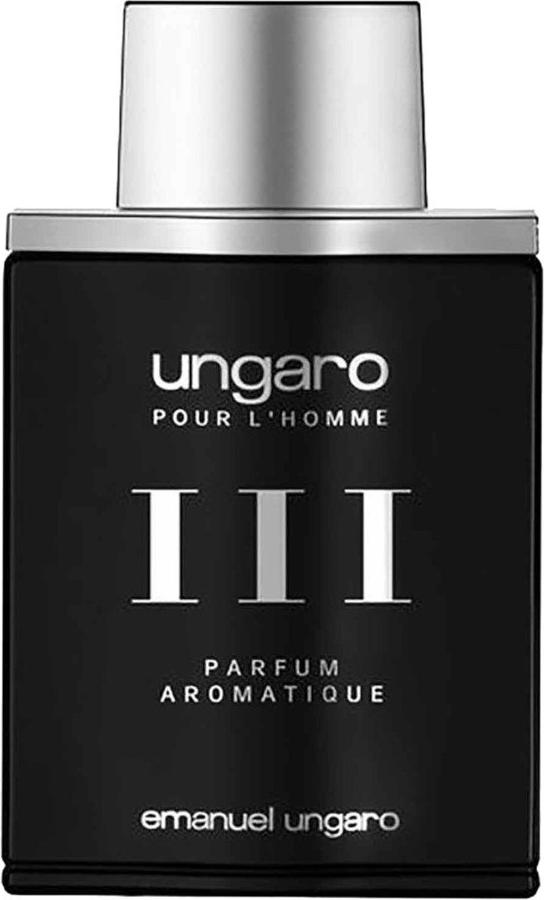 Flacon wody toaletowej Emanuel Ungaro pour L'Homme III Parfum Aromatique EDT 100ml dla mężczyzn na białym tle z eleganckim opakowaniem