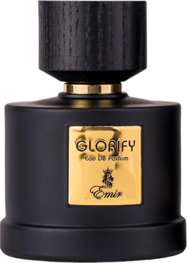 Flacon wody perfumowanej Emir Glorify 100ml na białym tle - eleganckie opakowanie luksusowych perfum z nutami cytrusowymi i drzewnymi