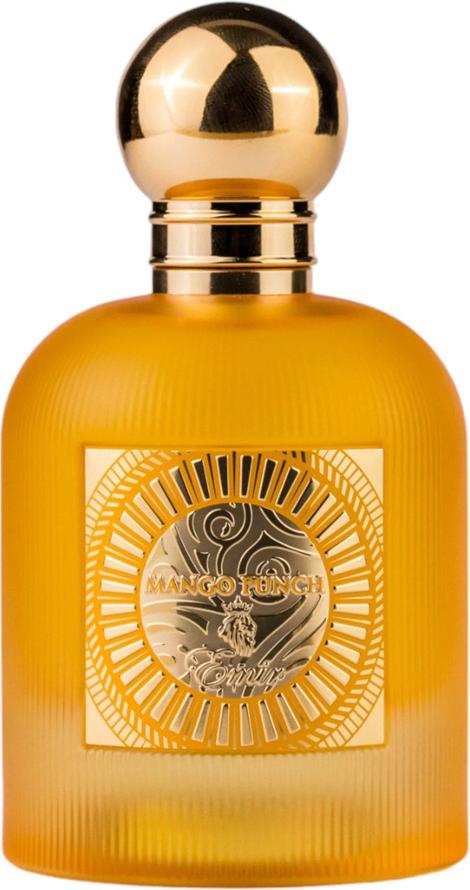 Flakon wody perfumowanej Emir Mango Punch 100ml w pomarańczowym kolorze ze złotymi detalami na białym tle - perfumy unisex tropikalne