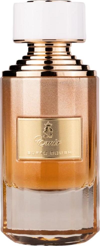 Flacon ekstraktu perfum Emir Super Crush 75ml dla kobiet ze zmysłową kompozycją nut cytrusowych, kwiatowych i drzewnych na białym tle