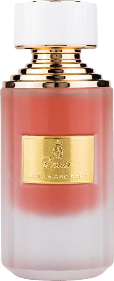Flacon ekstraktu perfum Emir Vanilla And Roses 75ml dla kobiet z eleganckim opakowaniem marki Emir na białym tle w wysokiej jakości