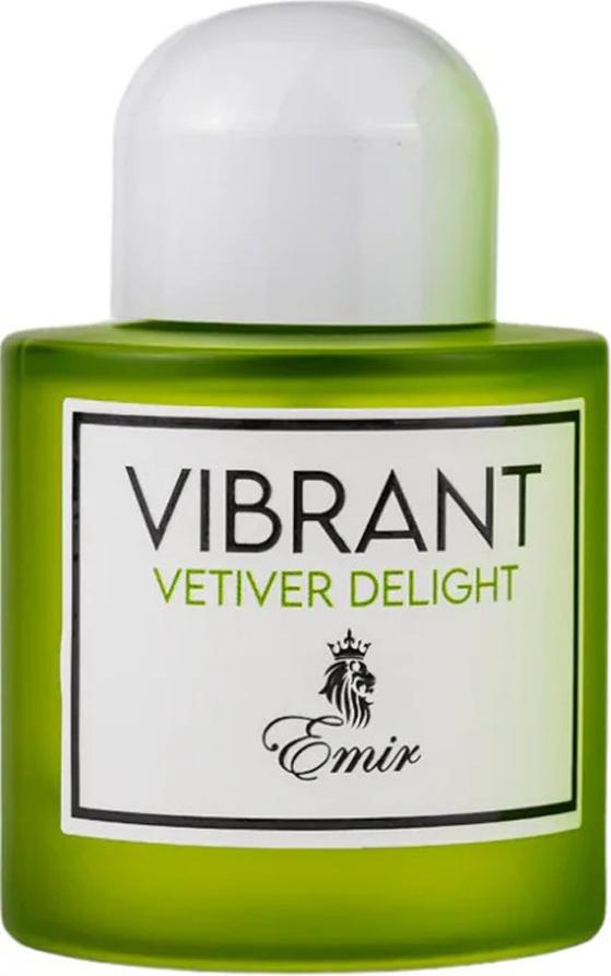 Flacon wody perfumowanej Emir Vibrant Vetiver Delight 100ml unisex o drzewno-ambrowym zapachu z wetewerem i ambrem na białym tle