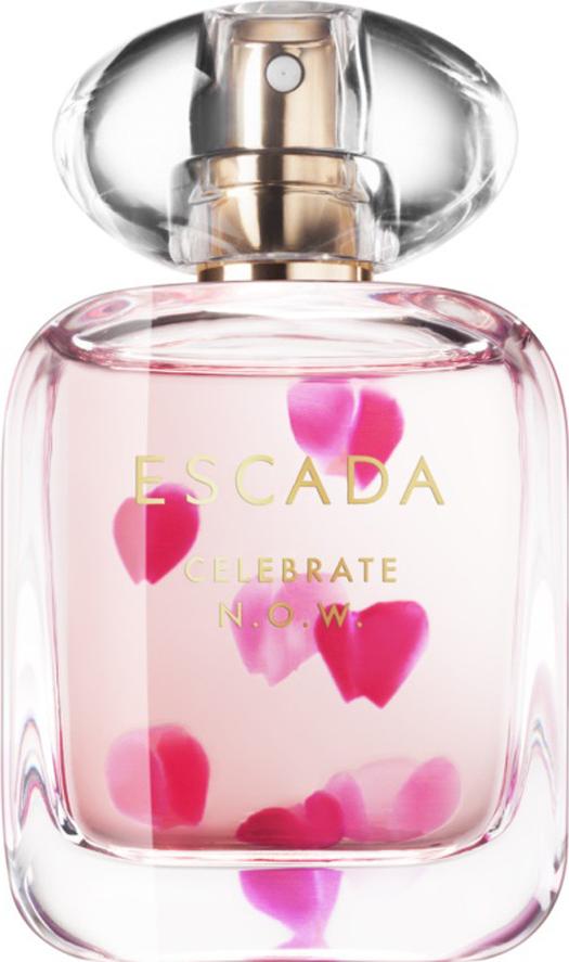 Flacon wody perfumowanej Escada Celebrate Now 50ml na białym tle z eleganckim opakowaniem marki Escada w kolorystyce różowo-złotej
