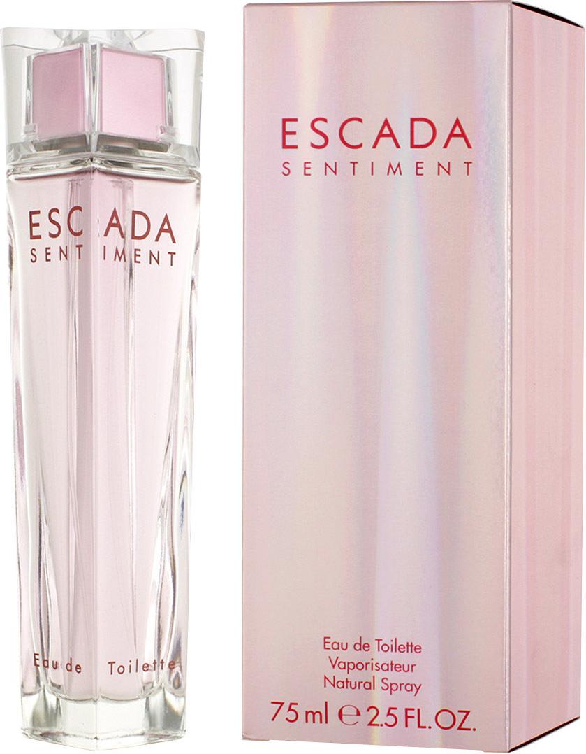 Butelka wody toaletowej Escada Sentiment 75ml z różowym korkiem w kształcie serca na białym tle - eleganckie perfumy damskie marki Escada