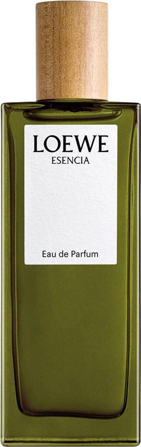 Butelka wody perfumowanej LOEWE Esencia Pour Homme w rustykalnym ciemnozielonym flakonik z logo marki na białym tle produktowym
