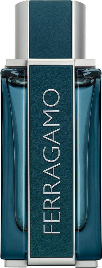 Flacon wody perfumowanej SALVATORE FERRAGAMO Intense Leather dla mężczyzn w eleganckiej morskiej butelce z logo marki na białym tle