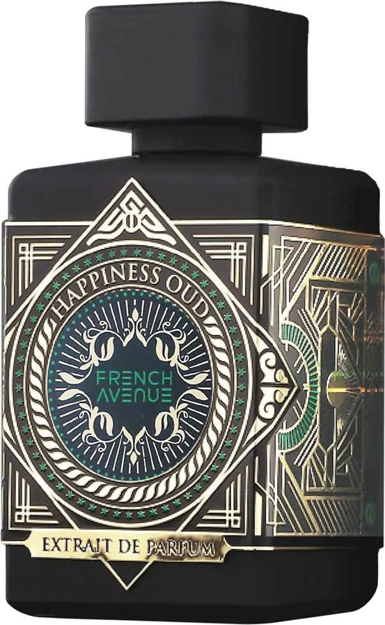 Flacon ekstraktu perfum French Avenue Happiness Oud 80ml dla mężczyzn z orientalną kompozycją oud bergamotka piżmo na białym tle